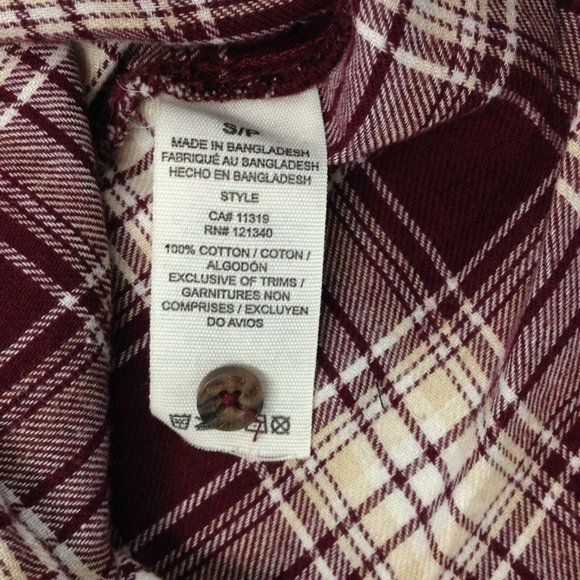Garage Tunic Fit Button Up Shirt Women's Size Small Burgundy Beige Plaid - Picture 6 of 6